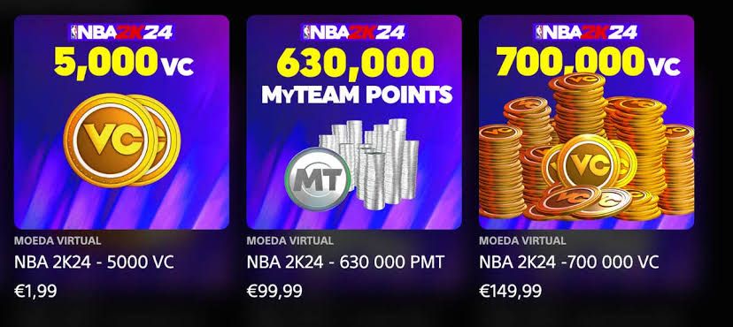 Preços de alguns pacotes de moedas do NBA 2K24